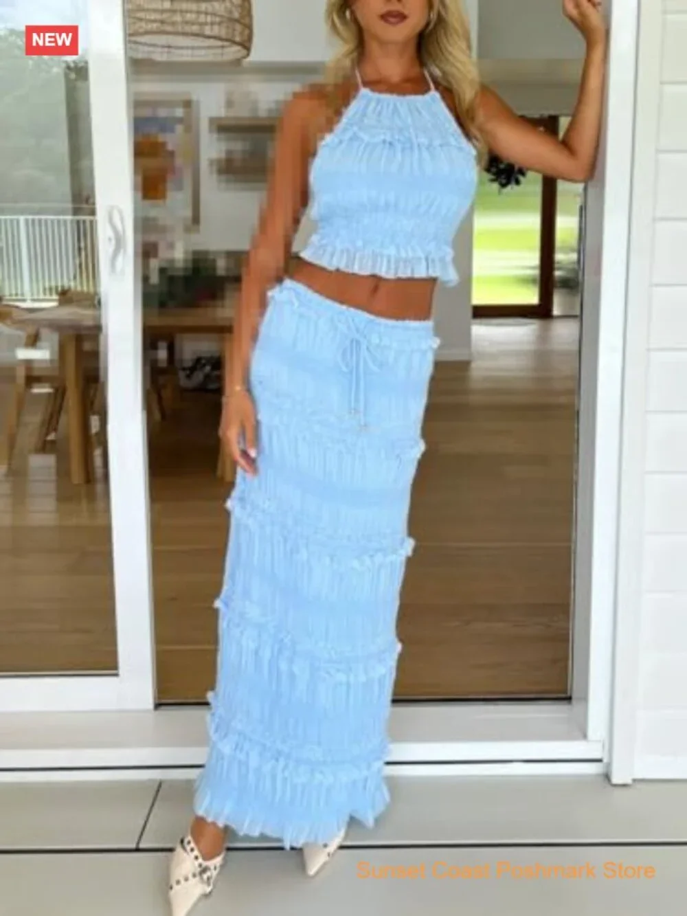 Y2k Maxi Skirt Set Backless Lace Halter Crop Top and Long Skirt 2 PCS Outfit